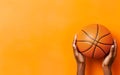 March madness poster. Two hands holding basketball ball. Photorealistic orange basketball ball on orange background, AI Generative