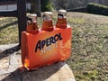 March 2020 Milan, Italy: Aperol Spritz logo icon on package of traditional beverage close-up. Italian classical alcohol drink Royalty Free Stock Photo