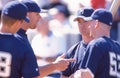 March 3, 1998, Milwaukee Brewers teammates talk before game against Anaheim Royalty Free Stock Photo