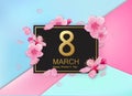 8 march modern background design with flowers. Happy women`s day stylish greeting card with cherry blossoms and petals.
