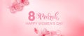 8 march modern background design with flowers. Happy women's day stylish greeting card with cherry blossoms.