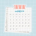 March 2021 month calendar. Blue text on squared paper with dots. A piece of newspaper is at the bottom, pink scotch, patterned Royalty Free Stock Photo