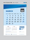 March 2020 Month template, Desk Calendar for 2020 year, week start on sunday, planner, stationery, Blue Concept