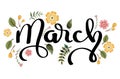 March month text lettering handwriting with flowers and leaves Royalty Free Stock Photo