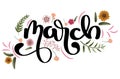 March month text lettering handwriting with flowers and leaves Royalty Free Stock Photo