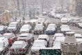 24 MARCH 2019. Moscow, Russia: sudden spring snowfall over a parking lot of residential building