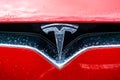 March 2, 2019 Mountain View / CA / USA - Tesla logo on a Tesla Model X car; Tesla Motors, Inc. is an American company that Royalty Free Stock Photo