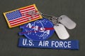 15 March 2018 - The National Aeronautics and Space Administration (NASA) emblem patch, dog tags, US AIR FORCE branch tape and US Royalty Free Stock Photo