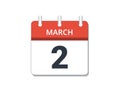 March, 2nd calendar icon vector. Concept of schedule, business and tasks