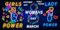 8 march neon. Glowing neon banner of world womans day on dark brick wall background. Spring greeting card. Neon word GIRLS POWER.