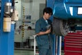 21 March 2020 Nonthaburi Thailand Car service - Mechanic changing wheel