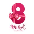 8 March number design with red bow and ribbon, Happy Women`s Day vector illustration.