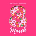 8 March papercut illustration for International Women`s Day card. Happy Womens Day paper cut pink background