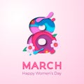 8 March papercut illustration for International Women`s Day card. Vector paper cut number Eight with cherry blossom on elegant pi