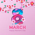 8 March papercut illustration for International Women`s Day card. Vector paper cut number Eight with pink cherry blossom on ultra Royalty Free Stock Photo