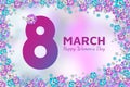 Abstract floral greeting card. Flowers on pink blurred background 8 March. Happy Women`s Day. Royalty Free Stock Photo