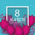 8 March. pink Floral Greeting card. International Happy Women`s Day. Paper cut flower blue holiday background with Square Frame Royalty Free Stock Photo