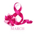 8 march with pink ribbon and decorative gift box with text. Vector illustration