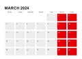 2024 March planner calendar design. Week starts from Monday