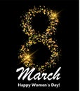 8 march postcard. Glitter digit eight made of many shiny dots on black background. Glowing International women`s day banner