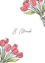 March 8, postcard line art, bouquet of tulip single line drawing. vector illustration