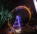 Lighting Ferris wheel at night in famous Prater theme amusement Park, Vienna Royalty Free Stock Photo