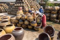 March 4, 2017 - Ratchaburi, Thailand: Female workers washing Dragon flower pots.