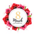 8 march with red and pink tulip flowers. Realistic floral wreath. Happy women`s day floral card design vector illustration Royalty Free Stock Photo