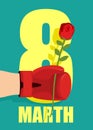 8 March. Red rose as gift for holiday. Mens hand and Boxing Glove. Strong man gives flower for women. International womens day.