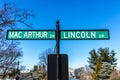 MARCH 26, 2018 - Road sign shows General Macarthur and President Lincoln Road Sign at President. Soldiers, white