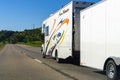 March 16, 2019 Salinas / CA / USA - RV towing a large trailer on a highway in central California Royalty Free Stock Photo