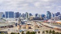 March 19, 2019 San Diego / CA / USA - Aerial view of an industrial area near the Port of San Diego; the city`s skyline visible in Royalty Free Stock Photo