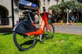 March 19, 2019 San Diego / CA / USA - Jump electric bikes parked in Balboa Park; JUMP Bikes is a dock less electric bicycle