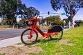 March 19, 2019 San Diego / CA / USA - Jump electric bikes parked near Balboa Park; JUMP Bikes is a dock less electric bicycle