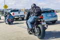 March 19, 2019 San Diego / CA / USA - Motorcyclists riding through heavy traffic