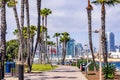 March 19, 2019 San Diego / CA / USA - Paved alley lined up with palm trees on Coronado Island; San Diego`s downtown visible in th Royalty Free Stock Photo