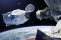 March 03, 2019: SpaceX Crew Dragon spacecraft in low-Earth orbit. Elements of this image furnished by NASA Royalty Free Stock Photo