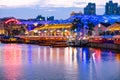 2019 March 1st, Singapore, Clarke Quay - City nightscape scenery of colorful the buildings along the river in the city