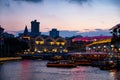 2019 March 1st, Singapore, Clarke Quay - City nightscape scenery of colorful the buildings along the river in the city