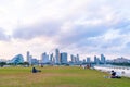 2019 March 1st, Singapore, Marina Barrage - Panorama view of the city buildings and people doing their activities at sunset Royalty Free Stock Photo