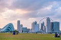 2019 March 1st, Singapore, Marina Barrage - Panorama view of the city buildings and people doing their activities at sunset Royalty Free Stock Photo