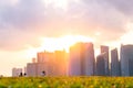 2019 March 1st, Singapore, Marina Barrage - Panorama view of the city buildings and people doing their activities at sunset Royalty Free Stock Photo