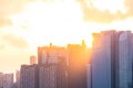 2019 March 1st, Singapore, Marina Barrage - View of the buildings at sunset with golden light through the clouds Royalty Free Stock Photo