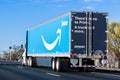 March 22, 2018 Stockton / CA / USA - Amazon truck driving on the highway, the large Prime logo printed on the side