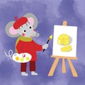 Symbol of the new year 2020, rat or mouse, is an artist and creates a drawing with cheese. Cartoon style digital drawing for calen Royalty Free Stock Photo