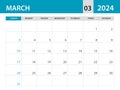 March 2024 template - Calendar 2024 template vector, planner monthly design, Desk calendar 2024, Wall calendar design, Minimal