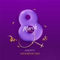 8 March Text With Golden Venus Symbol, Confetti Ribbons Decorated Purple Halftone Effect Background For Happy Women\'s Day