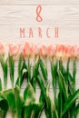 8 march text on pink tulips on white rustic wooden background. g Royalty Free Stock Photo