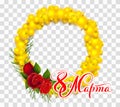 March 8 text translation from Russian. Yellow mimosa flower wreath Royalty Free Stock Photo