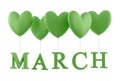 March text word hanging on green heart shape balloons